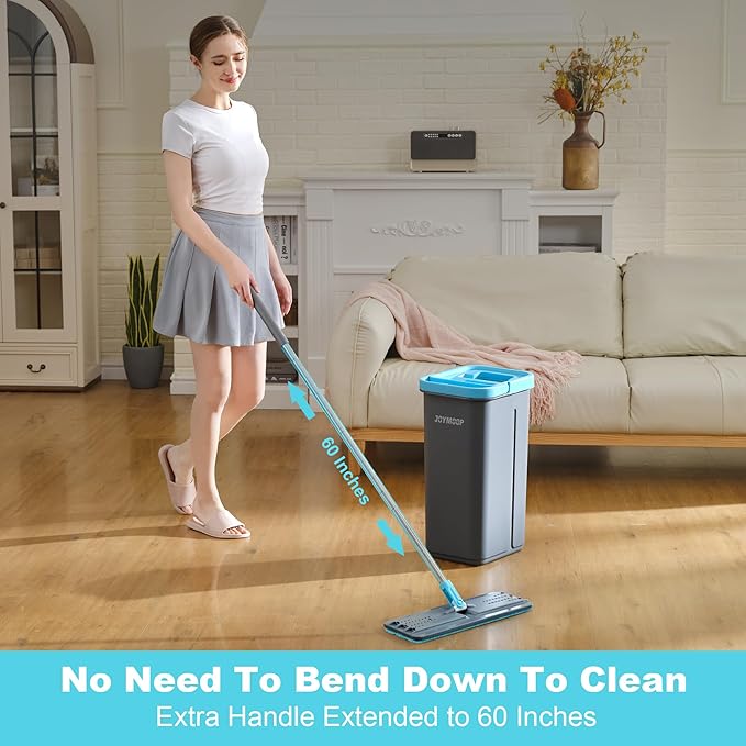 JOYMOOP Mop and Bucket Set with Wringer, with 3 Reusable Microfiber Mop Pads, Mops for Floor Cleaning and Wall Cleaning, Hands-Free Flat Mop for Home Use - Grey+Cyan Blue
