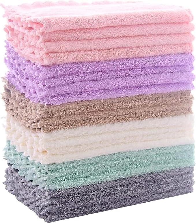 24 Pack Kitchen Dishcloths - Does Not Shed Fluff - Reusable Dish Towels, Dish cloths, Super Absorbent Coral Fleece Cleaning Cloths, Nonstick Oil Washable Fast Drying, 7 x 9 Inch (Multicolor)