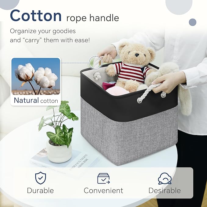 FinishingBo Fabric Cubes Storage Basket, 6 Pack 11x11 in with Handles Cube Storage Bins, for Shelves, Home, Office Organizers (Black/ Gray)