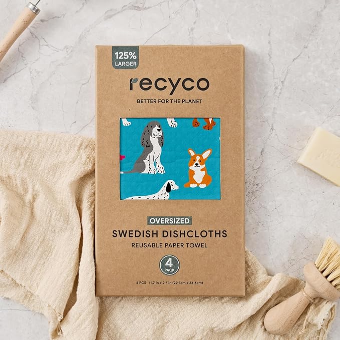 RECYCO Swedish Dishcloths for Kitchen | 4 Pack Oversized Washable Dish Rags | Large Cellulose Reusable Cleaning Paper Towels | Absorbent Counter Dish Cloth Sponge XL Kitchen Wipes, 12" L x 10" W
