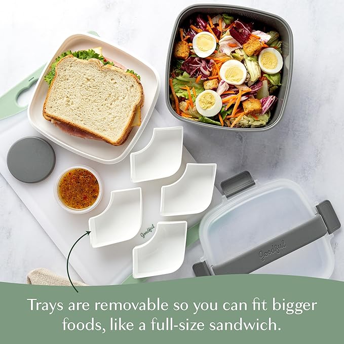 Goodful Stackable Lunch Box Container, Bento Style Food Storage with Removeable Compartments for Sandwich, Snacks, Toppings & Dressing