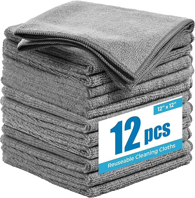 Microfiber Cleaning Cloth 12 Pack - 12x12 Inch Grey Microfiber Towels for Cars - Super Absorbent Lint Free Streak Free Microfiber Rags for Washing, Polishing, Buffing and Drying