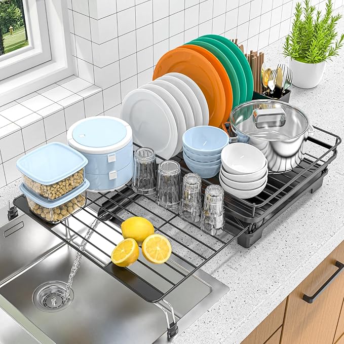 Expandable Dish Drying Rack, Rust-Proof Metal Dish Racks for Kitchen Counter with 360° Swivel Drain Spout, Space-Saving Dish Drainer with Utensil Holder for Small Apartment & Home Organization, Black