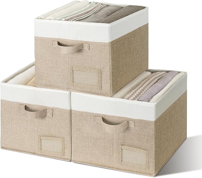GRANNY SAYS Closet Storage Baskets for Shelves, Large Fabric Storage Bins, Collapsible Clothing Storage and Organization, Decorative Storage Bins, Khaki&Ivory, Large, 3-Pack