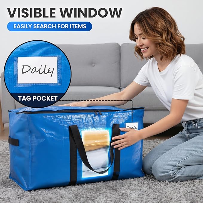 TAILI Extra Large Moving Bags, 8 Pack Blue Heavy Duty Totes For Storage with Visible Window, Wrap Around Handles, Storage Bags for Space Saving