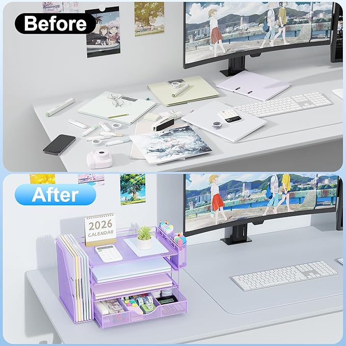 gianotter Desk Organizers and Accessories with File Holder, 4-Tier Desk Accessories & Workspace Organizers with Drawer and 2 Pen Holder