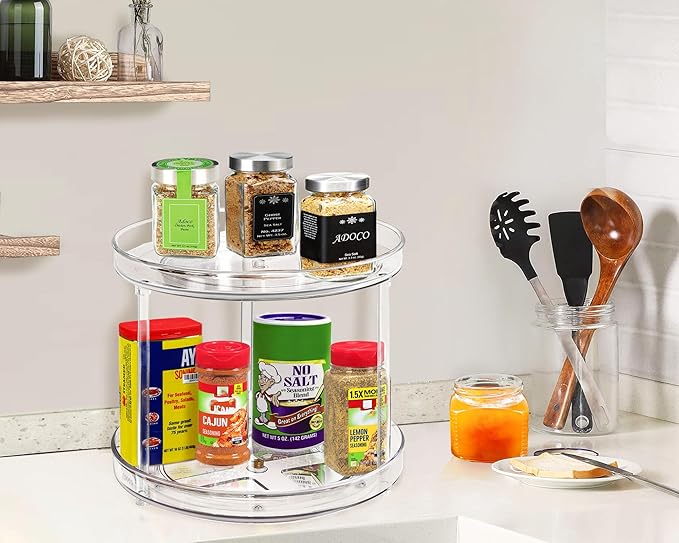 2 Tier Lazy Susan Bathroom Organizer, 9.25Inch Clear 360 Rotating Makeup Organizer for Vanity, Skincare Organizers Perfume Organizer, Spice Rack Organizer for Cabinet- Home Organization and Storage