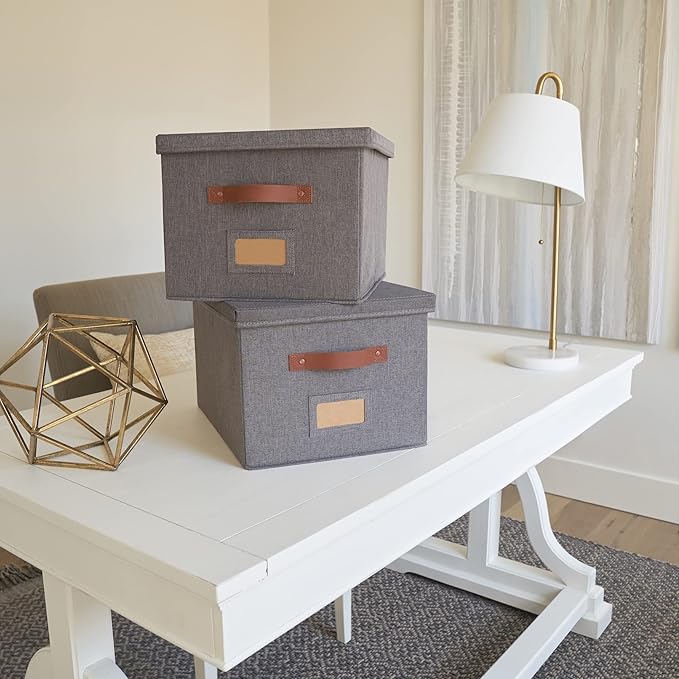 ZICOTO Decorative File Organizer Box Set of 2 - Collapsible Linen Filing Cabinets w/Handles Are Perfect to Store all Your Documents & Hanging File