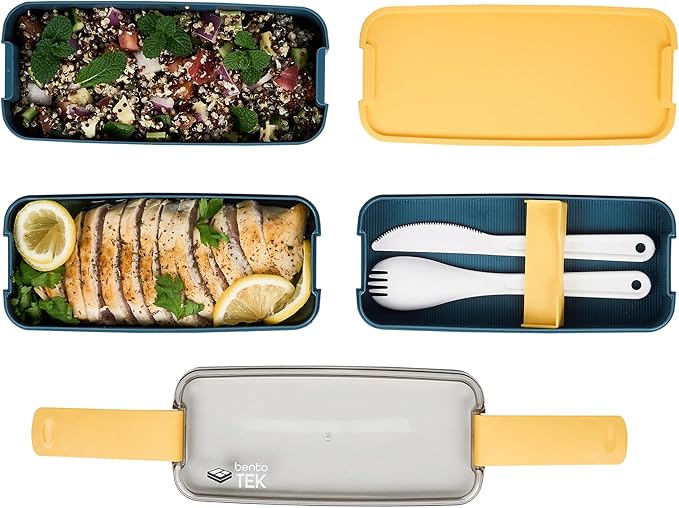 Restaurantware Bento Box 1 Count 30 Ounce Plastic Lunch Box Stackable With Cutlery, Leakproof Microwave-Safe Meal Prep Container Stackable Blue