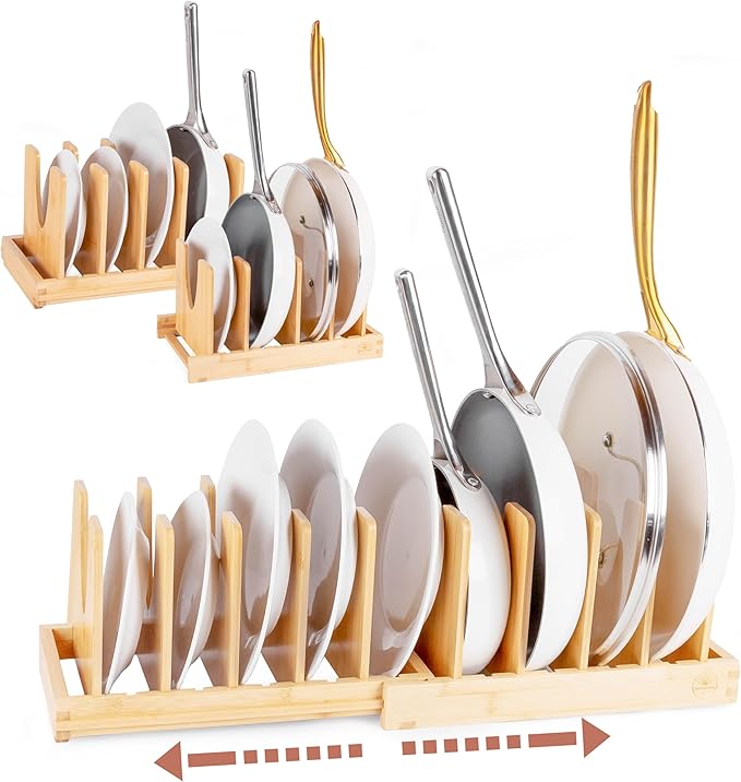 Pot and Pan Organizer for Under Cabinet – Bamboo Pot Lid Organizer for Cabinet with Magnetic Lock, Expandable 2-in-1, Adjustable Dividers, Non-Slip Base for Cutting Boards, Cookie Sheets, Bakeware