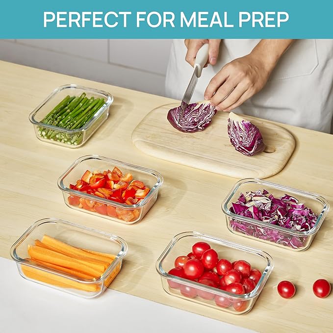 Vtopmart 5Pack 22oz Glass Storage Containers with Lids, Glass Meal Prep Food Container Sets with Snap Airtight Lids for Microwave, Oven