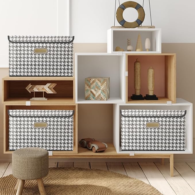 STOREONE Fabric Storage Cube Bins Foldable Organizer Container Collapsible Basket with Lids and Metal Handles, for Home, Bedroom, Closet 6 Pcs (Houndstooth)