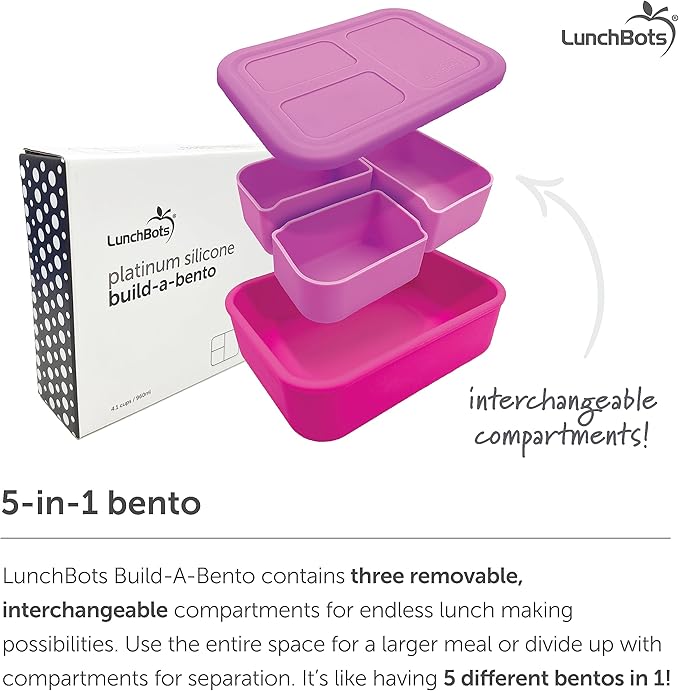 LunchBots Build -a- Bento Lunch Box, Silicone Bento Box for Kids, Multi-Compartment Lunch Container, Oven & Dishwasher Safe, BPA Free, 32 oz