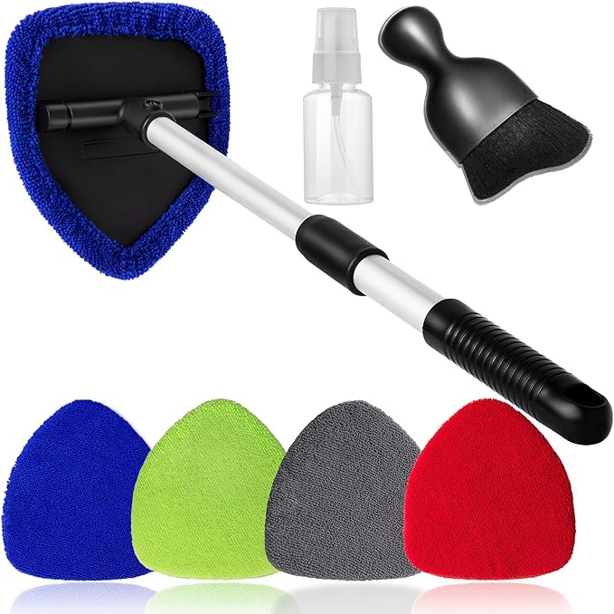 Qydipclin 7pc Windshield Cleaning Kit - 4 Microfiber Pads, Extendable Handle
