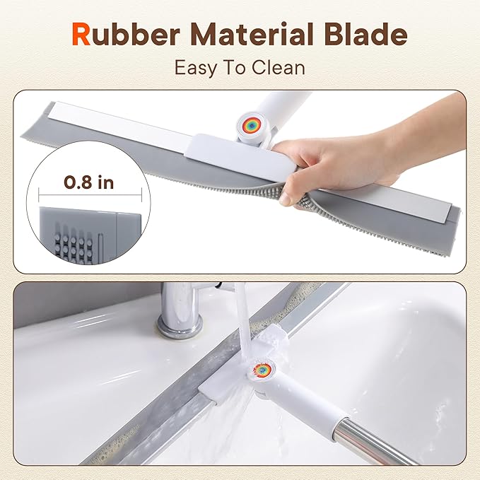 Floor Squeegee with Long Handle, 180° Rotating Silicone Broom for Concrete & Tile Floors, Squeegee for Water Removal on Garage, Bathroom and Deck