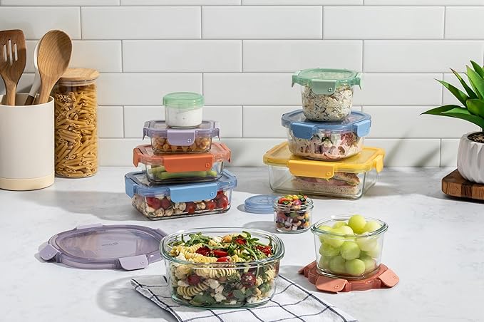 Ello Color Lock 20PC Mixed Glass Food Storage Sets, Leak-Proof Glass Food Storage Containers with Airtight BPA-Free Plastic Lids, Dishwasher