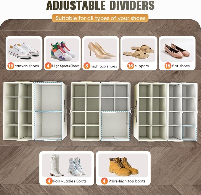 Budding Joy 2 Pack Shoe Organizer for Closet, Clear Foldable Shoe Storage Containers Adjustable Dividers Fits 16 Pairs