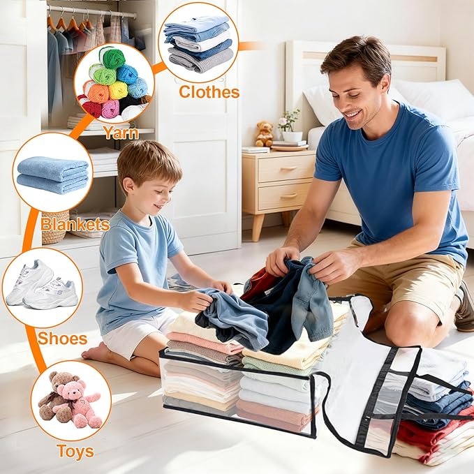 4 Pack Clear Clothes Storage Bags, Vinyl Blanket Storage Containers with Heavy Duty Zipper, Foldable Moving Bags, Closet Organizers for Bedding, Clothing, Comforters, Linens, Duvet (40L)