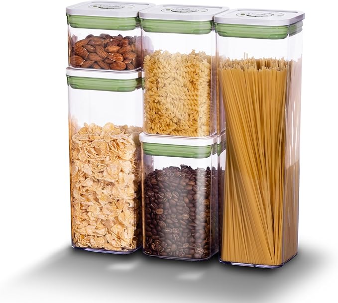 linoroso Pop Airtight Food Storage Containers with Date Recording Lids, Stackable Plastic Storage Containers Set of 5, Dry Cereal Container Set for Pantry Countertop Fridge Organization