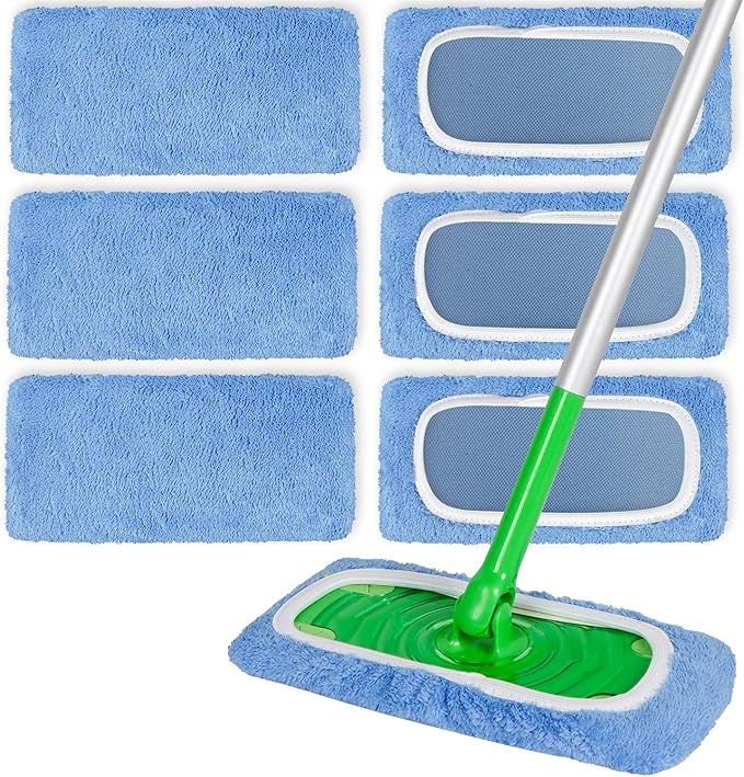 6 Pack Reusable Microfiber Mop Pads Compatible with Swiffer Sweeper Mop, Dry Sweeping Cloths & Wet Mopping Cloths, Washable Wet Pads Refill for Hardwood Surface Floor Cleaning