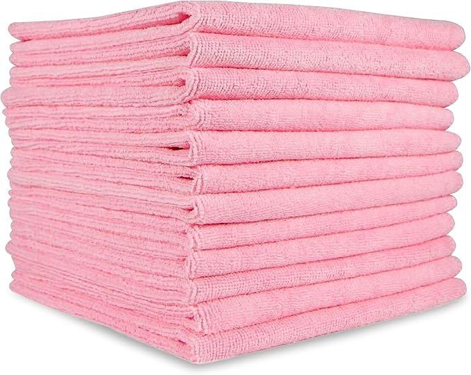 A&A Wiping Cloth- Microfiber Cleaning Towel, Super Absorbent Pink Microfiber Towels, Perfect for House, Cars, Windows, Gym and Office, Pink Microfiber 16x16 Towels, Pack of 12 Pieces