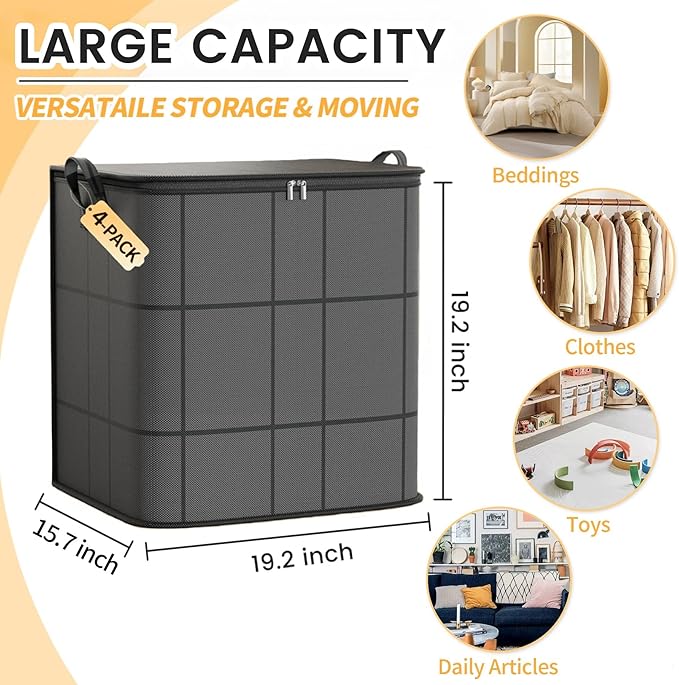 4 Pack Large Clothes Storage Bags, Comforter Storage organizers with lid, Clothing Storage Bins with Reinforced Handles, Sturdy Zippers, for Clothes & Bedding