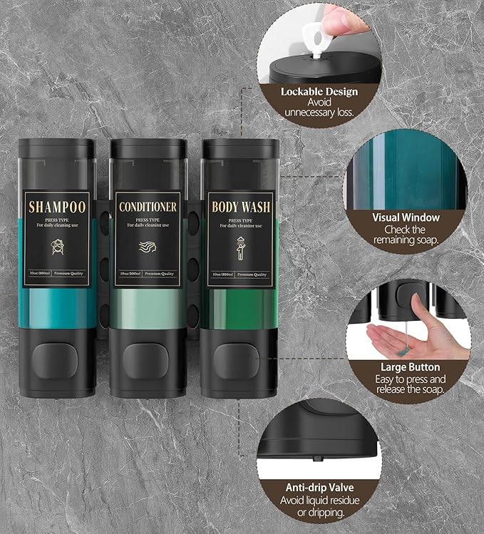 Luxspire Shampoo and Conditioner Dispenser, No Drill Wall Mounted Shower Soap Dispenser 3 Chamber with Waterproof Labels, Easy Refill Soap Dispenser for Bathroom Hotel Kitchen, Black
