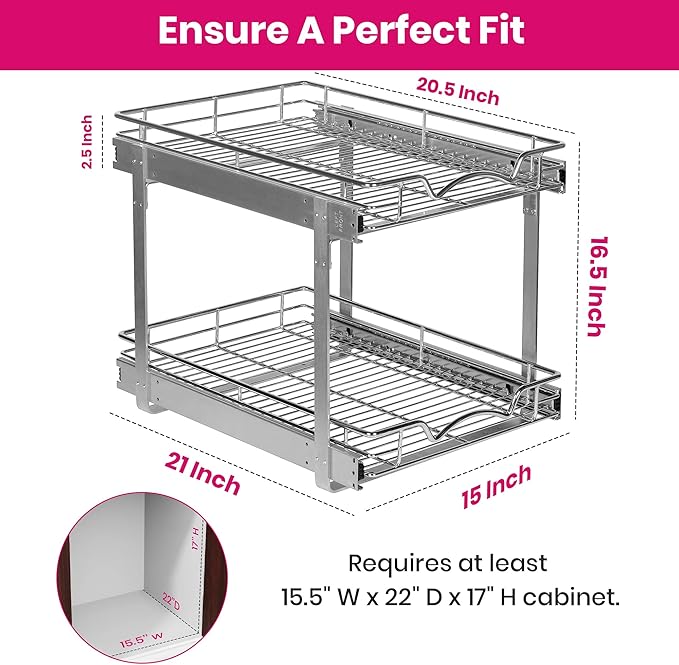 2-Tier Pull-Out Cabinet Organizer with Heavy-Duty Steel Frame, Full-Extension Sliding Shelves, Holds 100 lbs, Easy Install for Kitchen