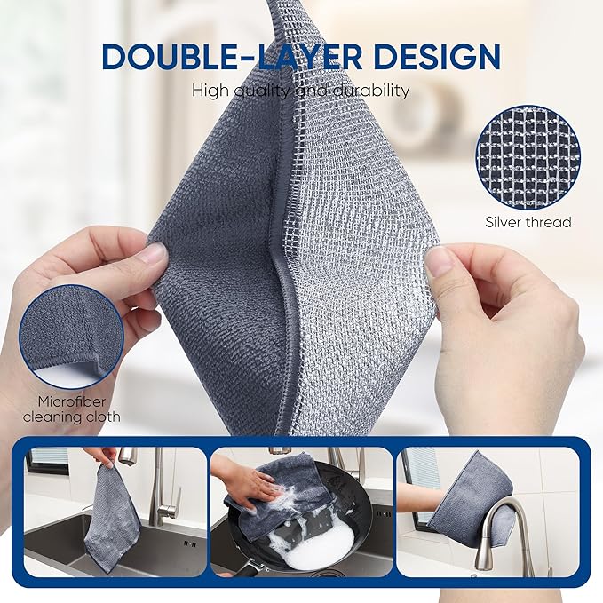 Forggon10 Pcs New Upgrade 2-Layer Non Scratch Wire Dishcloth,Wire Dishwashing Rag, Non-Scratch Wire Dishwashing Rags for Wet and Dry, Kitchen Cleaning Dish Rags for Cookware,Sinks, Dishes,Stove