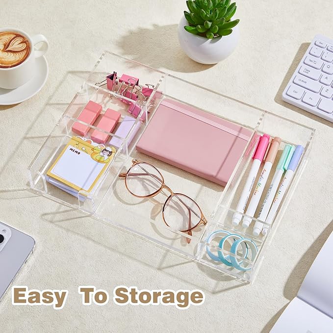 Briwooody Acrylic Drawer Organizer Clear Desk Drawer Organizer Trays with Adjustable Compartments Desk Accessories for Office Stationery Makeup