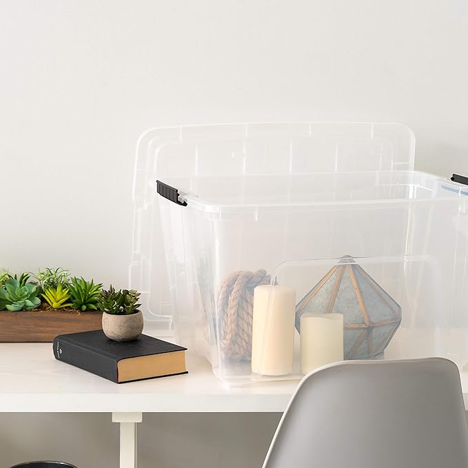 IRIS USA 54 Qt Stackable Plastic Storage Bins with Lids, 4 Pack - BPA-Free, Made in USA - See-Through Organizing Solution, Latches, Durable Nestable Containers, Secure Pull Handle - Clear