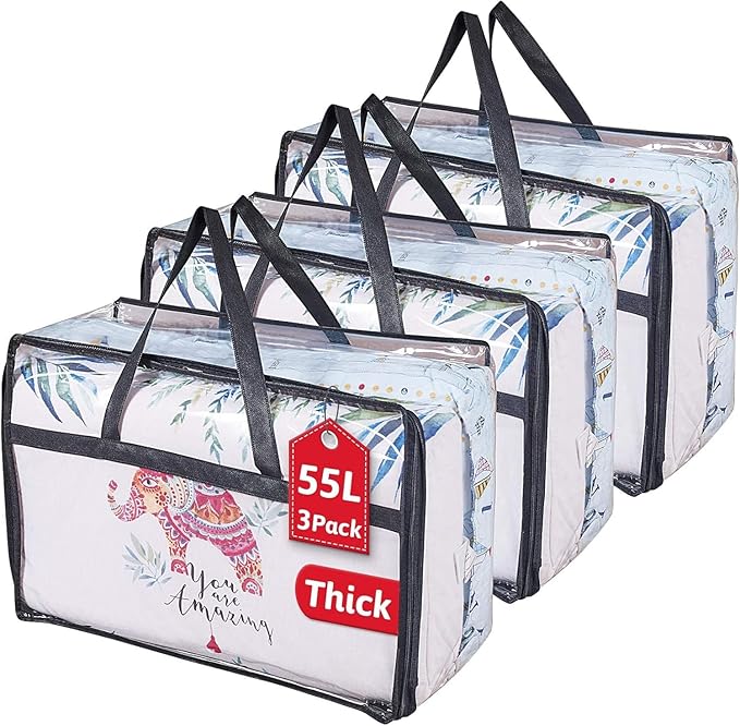 Clear Clothes Storage Bag Organizer with Reinforced Handle, Vinyl Storage Bags for Comforter, Blanket, Bedding, Toys, Transparent Moving Totes with Sturdy Dual Zippers, 3 Pack, 55 L, Black