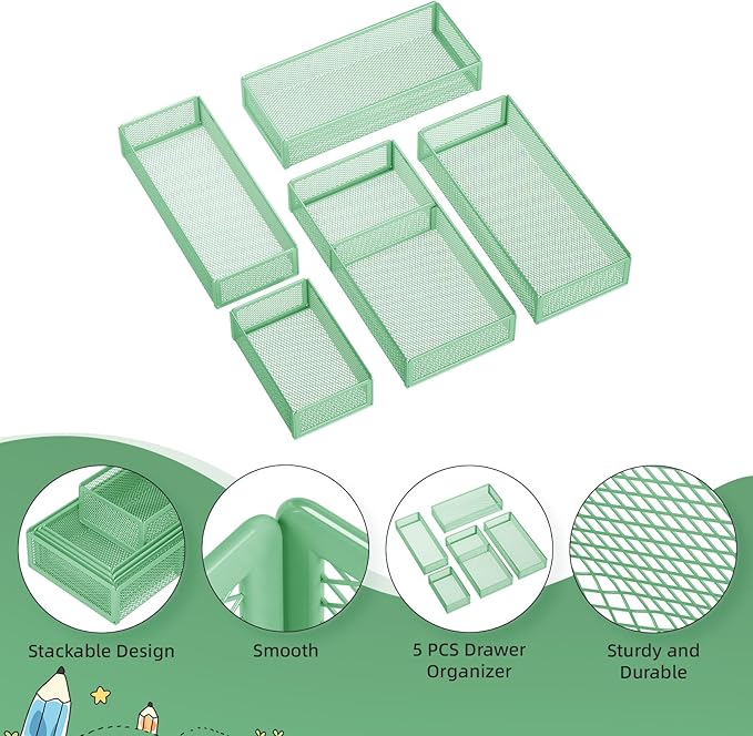 5 Pack Desk Drawer Organizer Set, Green