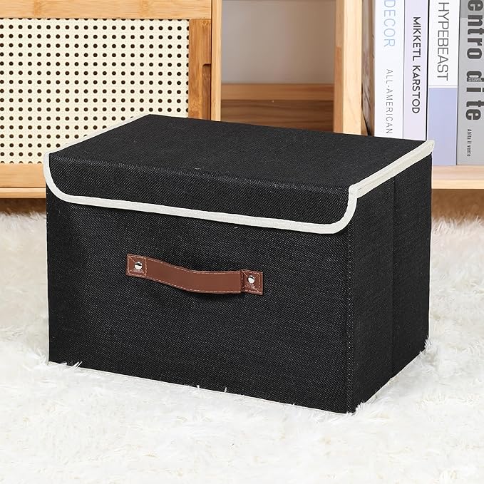 ANMINY Storage Bin with Lid Storage Boxes with PU Leather Handles PP Plastic Board Decorative Foldable Lidded Cotton Linen Fabric Home Cubes Baskets