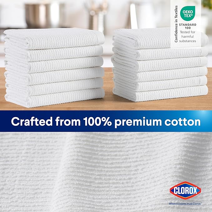 CLOROX Ribbed Bar Mops - 100% Cotton Quick Dry Extra Large Dishcloths - Absorbent Multipurpose Cleaning Cloths for Restaurants, Kitchen, Bathroom, Hotel - 16" x 19" - White 6 Pack