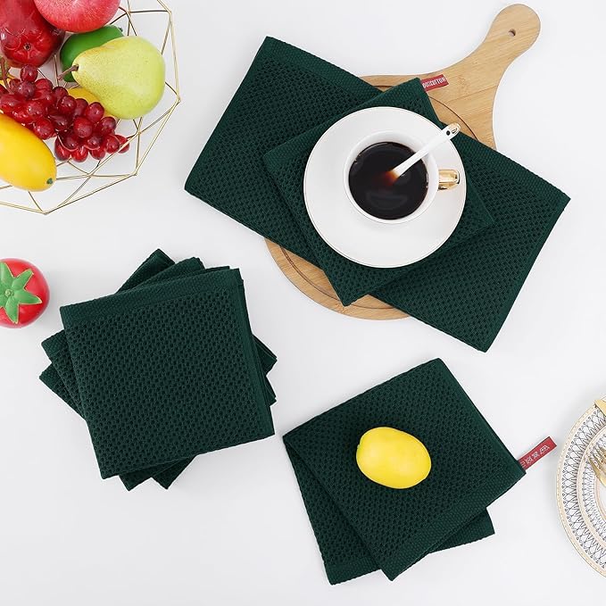 Homaxy 100% Cotton Waffle Weave Kitchen Dish Towels, Ultra Soft Absorbent Quick Drying Cleaning Towel, 13 x 28 Inches, 8-Pack, Blackish Green