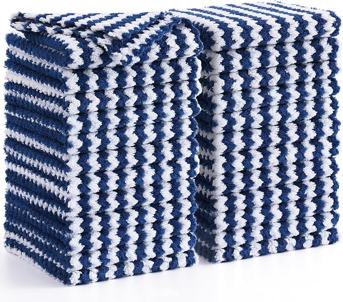 Homaxy 24 Pack Kitchen Dish Cloths, Ultra Soft and Absorbent Dish Towels, Reusable Fast Drying Microfiber Cleaning Cloth, Coral Velvet Wave Design No-lint, 10 x 10 inches, Navy Blue