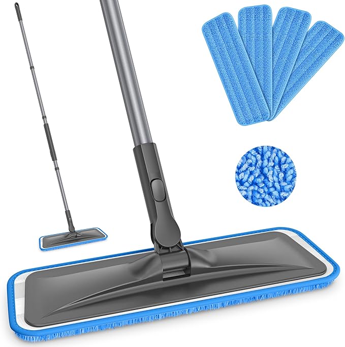 Microfiber Mops for Hardwood Floor Cleaning - BPAWA Flat Floor Mop with 4 Washable Pads for Laminate Wood Tile Vinyl Home Kitchen Bathroom - 59" Adjustable Handle