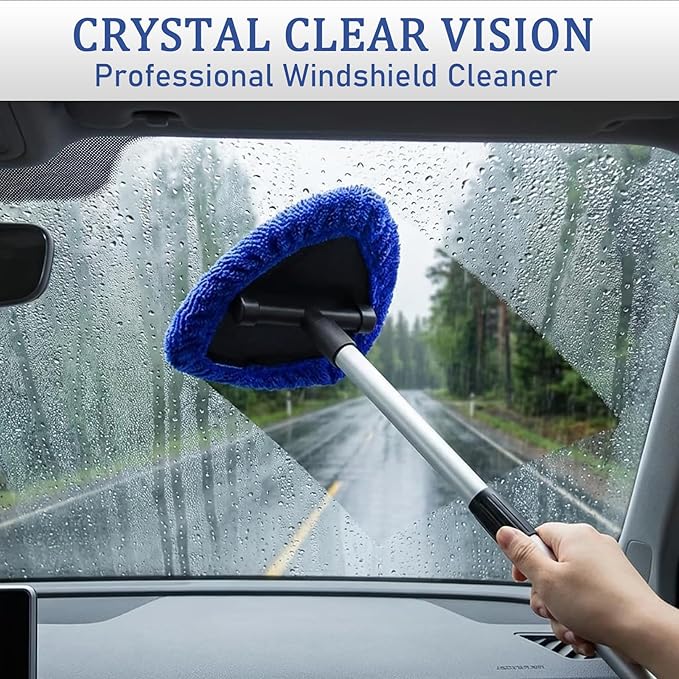 Car Windshield Cleaner Tool (2-Pack) with Extendable Handle, Inside Auto Window Glass Cleaning Kit with 8 Washable Microfiber Pads & Spray Bottle