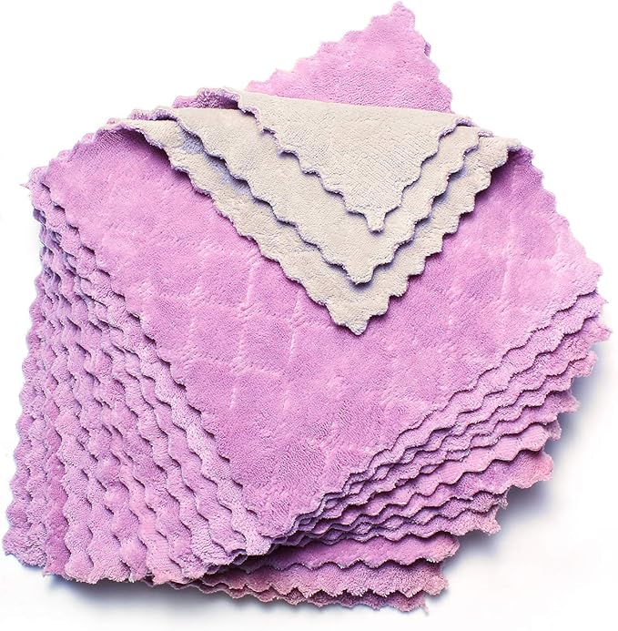 kimteny 12 Pack Dish Towels, 10x10 in Premium Dish Cloths, Super Absorbent Kitchen Towels Coral Velvet Dishcloths Nonstick Oil Fast Drying Washcloths (Purple-Grey)