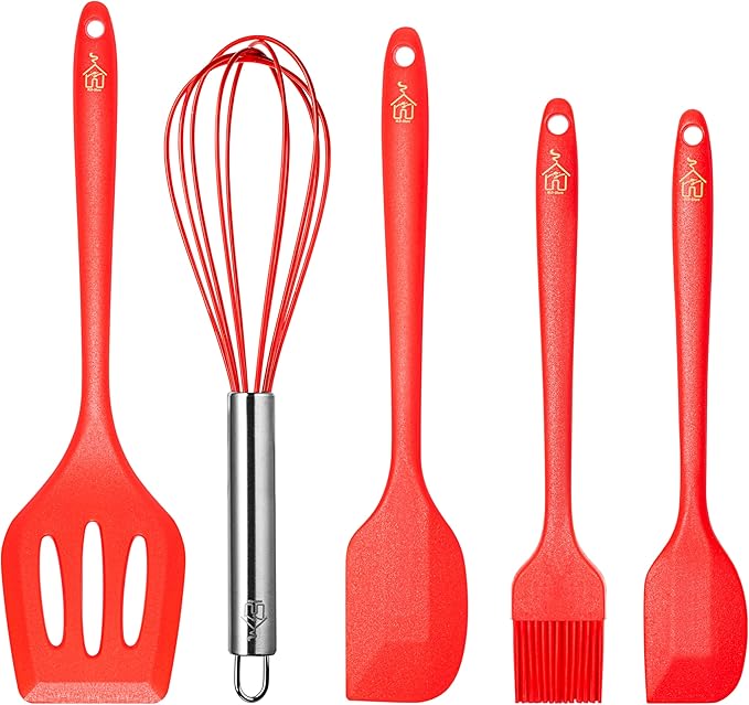 5 Pcs Silicone Spatula Set, Food Grade Rubber Spatula, silicone cooking utensils set, spatulas silicone heat resistant 600°F for Nonstick Cookware, Perfect for Baking and Cooking, Bonus Whisk Included
