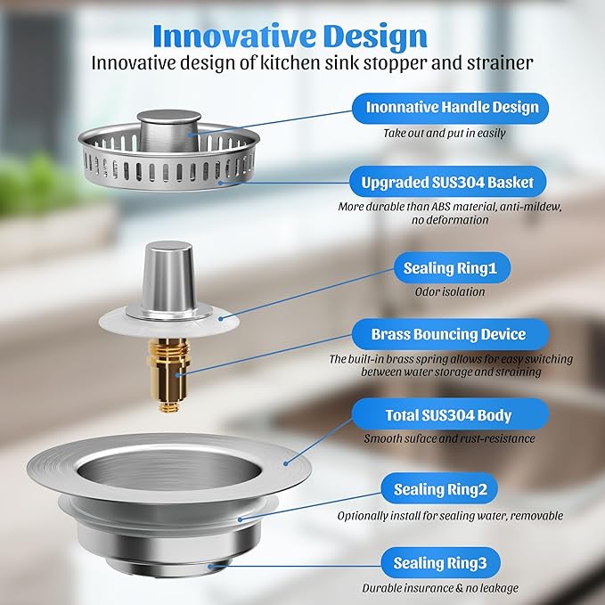 NinjaTiger Kitchen Sink Strainer - 2 Pack, 3-in-1 Pop-Up Stopper