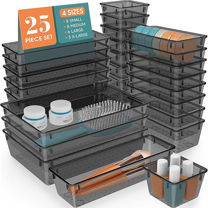 WOWBOX 25 PCS Plastic Drawer Organizer Set, Desk Drawer Divider Organizers and Storage Bins for Makeup, Jewelry, Gadgets for Kitchen, Bedroom