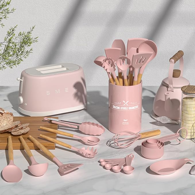 Umite Chef Silicone Kitchen Utensils Set, 33 Piece Non-Stick Kitchen Utensils with Stand, Wooden Handle, Pink
