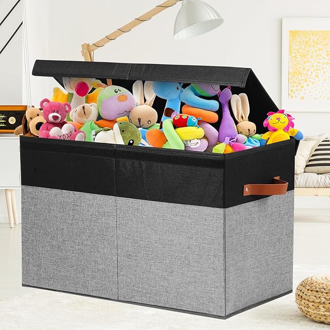 Gowee Large Toy Storage Box with Lid, Sturdy Toys Storage Chest Bin Organizer Basket with Dividers for Kids, Boys, Girls, Nursery, Closet, Bedroom, Playroom 25"x13" x16" (Black and Grey)