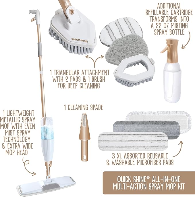 Quick Shine Ultimate Gold Spray Mop Kit | All-in-One 10 Piece Kit w/ Interchangeable Attachments | No Batteries Needed | Pro Cleaning System for All Floor Types | 2-in-1 Mop