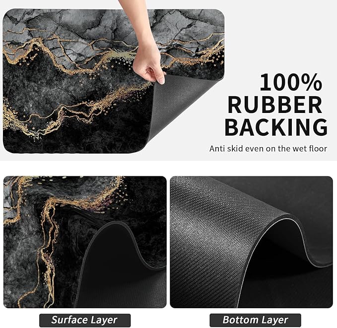 Dish Drying Mat for Kitchen Counter, Black Marble and Golden Veins Washable Absorbent Quick Dry Pad with Rubber Backing, Draining Mat for Dishes Coffee Table, 16" x 24"