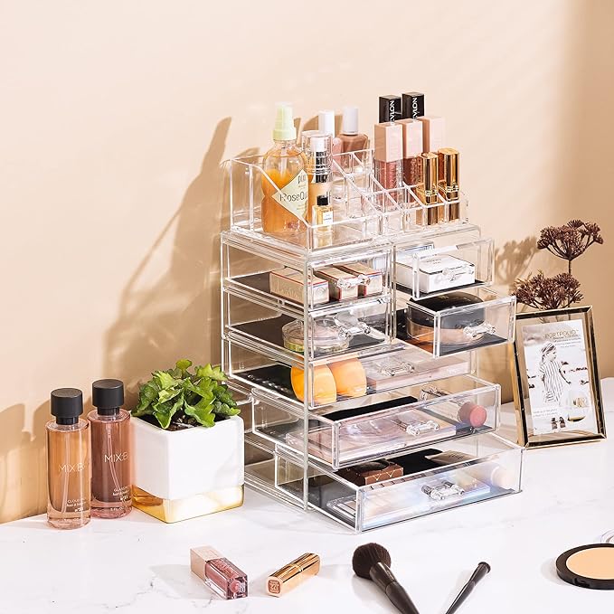Sorbus Acrylic Makeup Organizer Set, 7-Drawer Vanity & Countertop Cosmetic Storage with Small & Wide Compartments, CLear Makeup Storage for Brushes