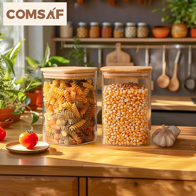 ComSaf 1.2 QT Glass Storage Containers with Lids, Glass Jars with Lids, Clear Food Jar, Square Canister Set of 6