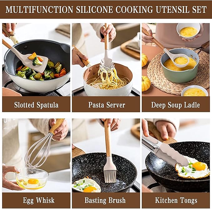 Silicone Kitchen Cooking Utensils Set, 33pcs – 446°F Heat Resistant, Non-stick, BPA-Free, Wooden Handles, Spatula, Turner, Tongs, Spoon, Brush, Whisk – Essential Cooking Gadgets (Khaki)
